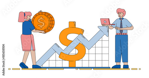 dollar chart rising upward showing strong growth in banking and finance with simple and clear economic visuals vector cartoon. Can be used for cartoon, website, banner, brosur, flayer
