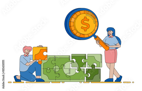 brainstorming scene with puzzle pieces representing the search for financial opportunities and profitable business ideas vector cartoon. Can be used for cartoon, website, banner, brosur, flayer