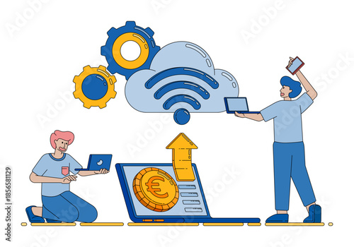 wifi cloud connected to financial and banking activities showing smooth online transactions and modern digital payments vector cartoon. Can be used for cartoon, website, banner, brosur, flayer