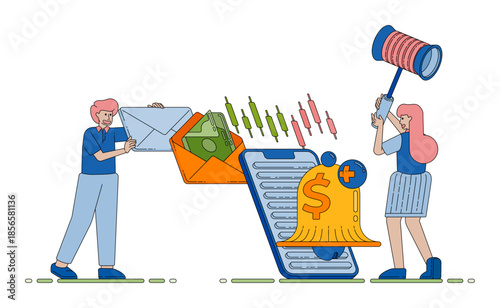 mobile apps for investment and banking featuring profit and loss alerts with notification bells and financial symbols vector cartoon. Can be used for cartoon, website, banner, brosur, flayer