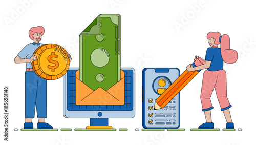 checklist and survey tools for analyzing revenue and income performance with simple review and financial tracking visuals vector cartoon. Can be used for cartoon, website, banner, brosur, flayer
