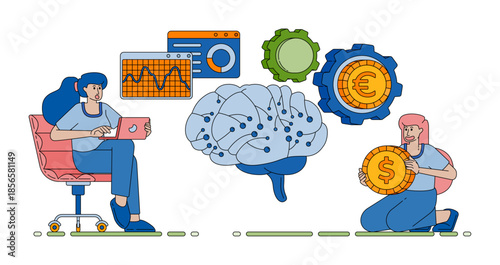 brain connected to machine learning and artificial intelligence systems analyzing company profits and financial charts vector cartoon. Can be used for cartoon, website, banner, brosur, flayer
