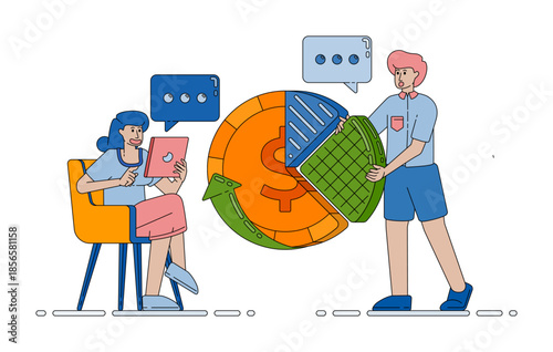 organizing and dividing income and expenses for households and businesses with simple budget planning visuals vector cartoon. Can be used for cartoon, website, banner, brosur, flayer