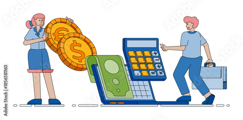 company accounting scene with coins and calculators representing financial management and business bookkeeping tasks vector cartoon. Can be used for cartoon, website, banner, brosur, flayer
