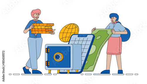 digital safe connected to online apps showing secure internet storage and modern money protection technology vector cartoon. Can be used for cartoon, website, banner, brosur, flayer