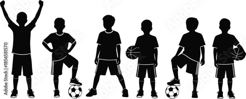 Silhouette of young boys in athletic gear posing with soccer balls and basketballs for youth sports team and physical education