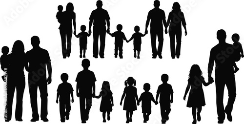 Diverse collection of family silhouettes featuring parents children and couples holding hands representing unity love togetherness and happy multi generational relationships