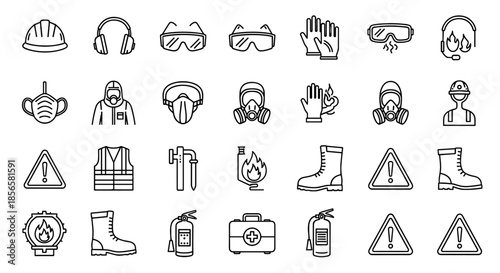 Collection of Safety Equipment Icons Including Hard Hat, Ear Defenders, Goggles, Gloves, Masks, and Boots