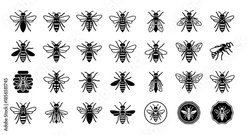 Collection of Black and White Bee Icons and Illustrations Diverse Designs for Various Applications