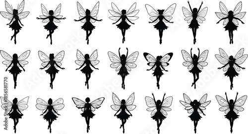 Collection of Twenty One Black Fairy Silhouettes with Butterfly Wings, Mystical Pixie Vector Bundle for Laser Cut, Tattoos, and Scrapbooking.