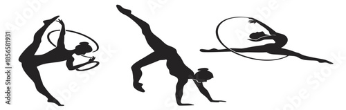 Dynamic gymnasts performing acrobatic stunts with hoops