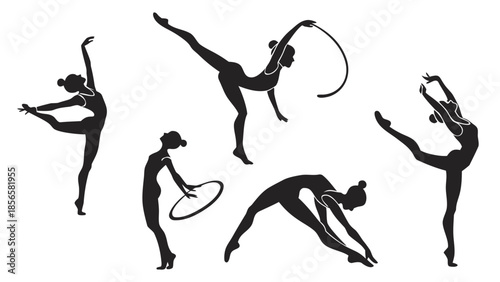 Elegant gymnasts performing dynamic poses with ribbon