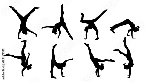 Collection of gymnastics silhouettes in various acrobatic poses