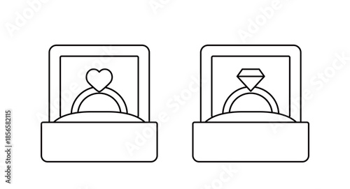 The engagement ring box is open outline set.
Heart-shaped and diamond-shaped rings. 
Coloring pages and templates.