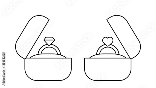 The engagement ring box is open outline set.
Heart-shaped and diamond-shaped rings. 
Coloring pages and templates.