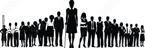 Large group of professional business people silhouettes standing together in a row with a tall female leader in the center