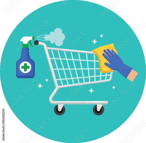 Professional cleaning of shopping cart with disinfectant spray and cloth for retail store hygiene safety and public health protection measures