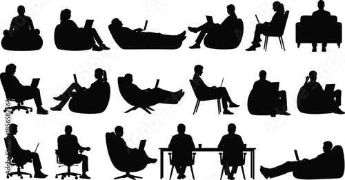 Silhouettes of people sitting in various chairs using laptops and tablets, set of professional figures for remote work and lifestyle concepts