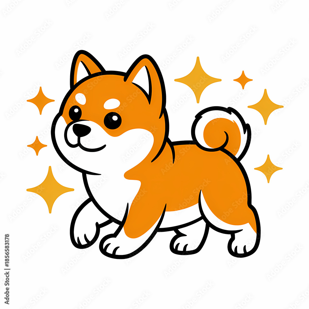 Fototapeta premium Cute Shiba Inu Dog Cartoon Illustration Background Wallpaper, Adorable Orange and White Puppy with Sparkles, Playful Pet Art for Kids and Animal Lovers, Copy Space for Text, Modern Design