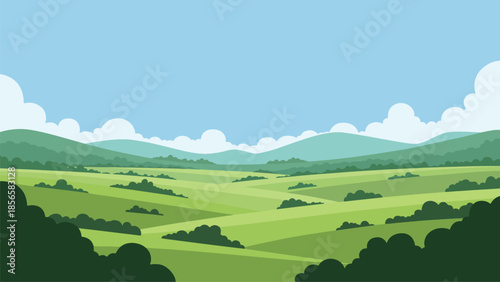 Minimalist Green Hills Landscape Illustration with Blue Sky