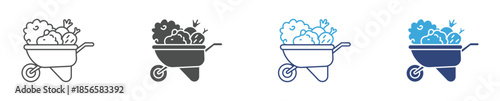 Wheelbarrow Icon Set, Harvest Transport and Farming Tools Symbols Collection, Agriculture Work Concept, Vector Illustration