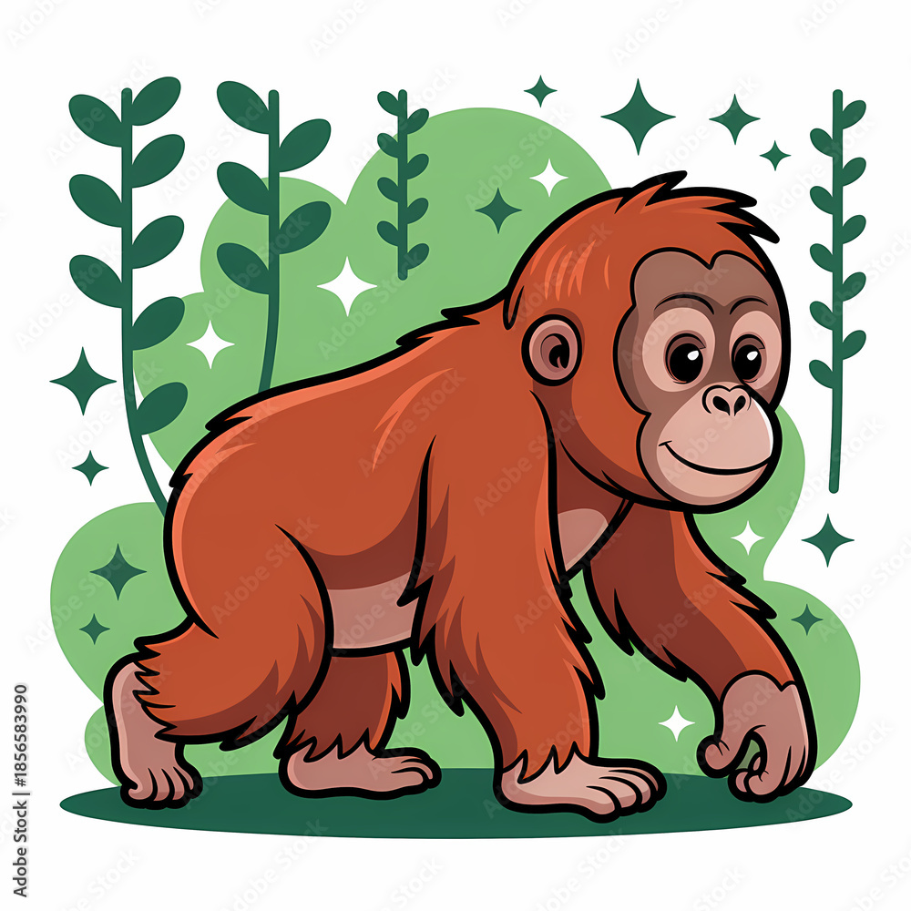 Obraz premium Cute Orangutan Cartoon Illustration Background Wallpaper with Copy Space, Adorable Jungle Animal Character in Vibrant Style, Perfect for Children's Designs and Educational Content