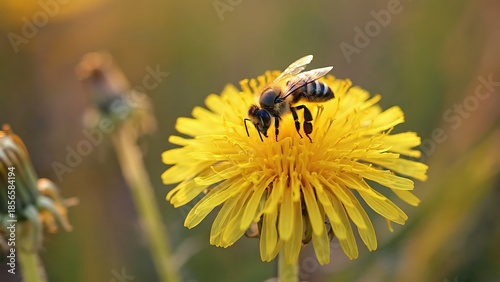 Bee on a bright yellow dandelion