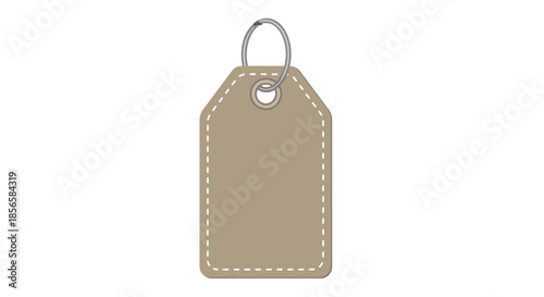 A blank beige tag with a metal keyring and stitched border on a white background.