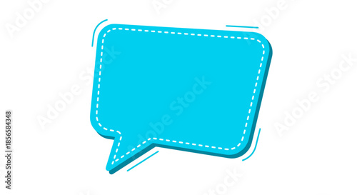 Bright blue speech bubble with dashed white border and subtle shadow effect on a plain white background.