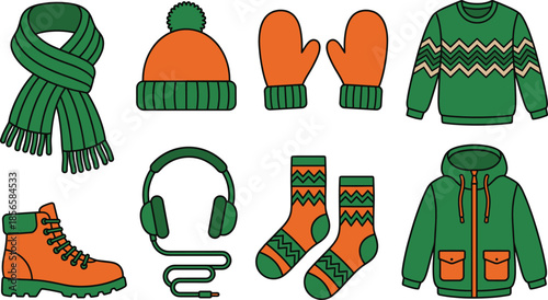 Winter clothing accessories illustration set, scarf hat mittens boots sweater jacket socks headphones, warm cozy seasonal fashion vector isolated design