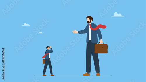 Small guy businessman confront big competitor. Big business competitor, career obstacle, conflict with boss, overcome difficulties in work or entrepreneur, SME, Small and Medium Enterprise.
