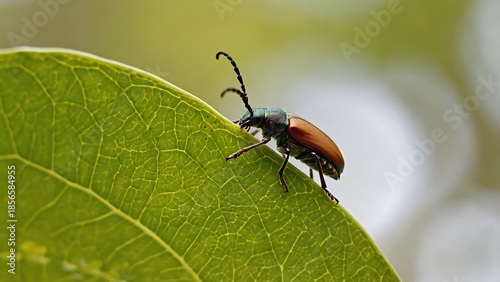 Beetle on a green leaf
