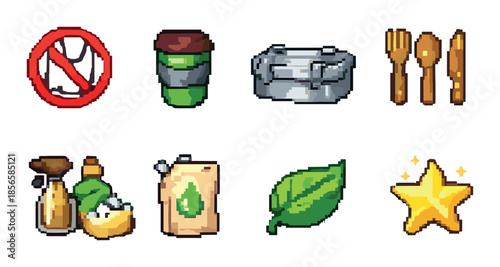 Pixel art eco-friendly icons: reusable items, compost, and sustainability symbols