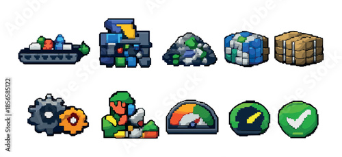 Pixel art icons for factory processes and tools in game design