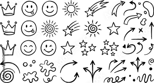 Hand-Drawn Collection of Cute Elements: A delightful collection of playful and charming hand-drawn illustrations, including crowns, smiling faces, suns, stars, and arrows.