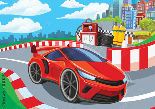 Cartoon scene with racing car on the track sports car near the city illustration for children
