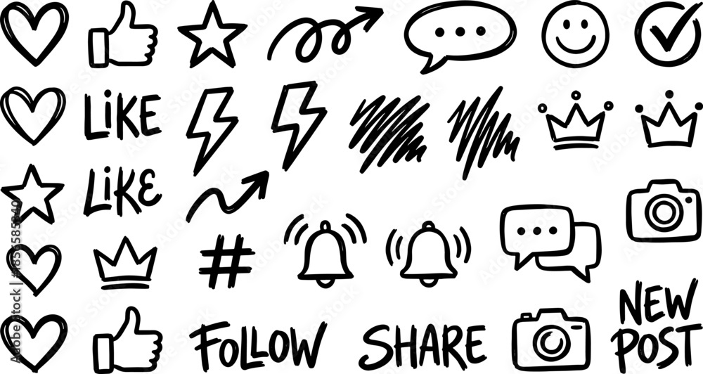 Fototapeta premium Social Media Icons: Hand-drawn social media icons in a simple style that are perfect for web design and user interfaces.