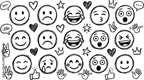 Emoji Expression Extravaganza: A whimsical collection of hand-drawn emojis bursts with a kaleidoscope of emotions, from beaming smiles to tears of sorrow, offering a visual symphony of feelings. 