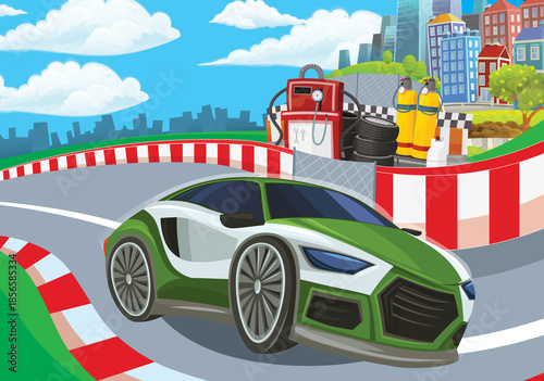 Cartoon scene with racing car on the track sports car near the city illustration for children