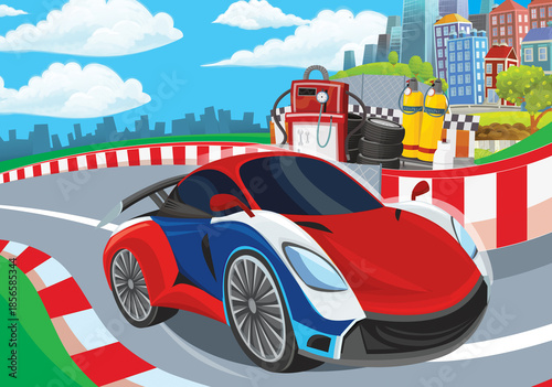 Cartoon scene with racing car on the track sports car near the city illustration for children