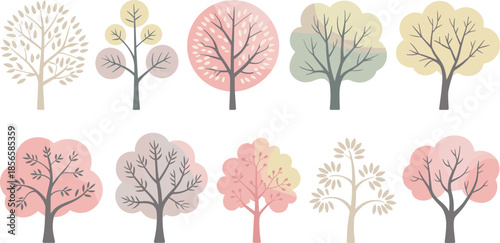 Stylized pastel tree silhouettes collection in soft colors, decorative nature illustration set for landscape design, branding, posters, backgrounds