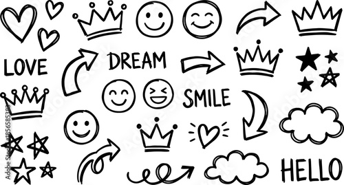 Creative Elements Illustration: A collection of charming hand-drawn illustrations, including crowns, hearts, arrows, stars, smiley faces, and clouds, ideal for adding a playful touch. 