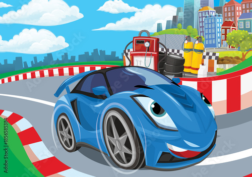 Cartoon scene with racing car on the track sports car near the city illustration for children