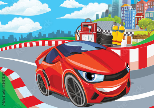 Cartoon scene with racing car on the track sports car near the city illustration for children