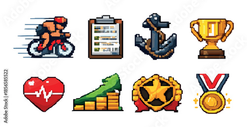 Pixel art icons of cycling, fitness, growth, achievement, and success