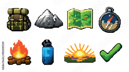 Pixel art camping icons: backpack, mountain, map, compass, campfire, water bottle, sunset, checkmark