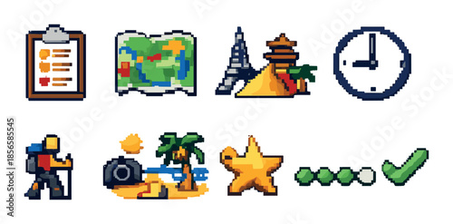 Pixel art icons illustrating travel themes with destinations and activities