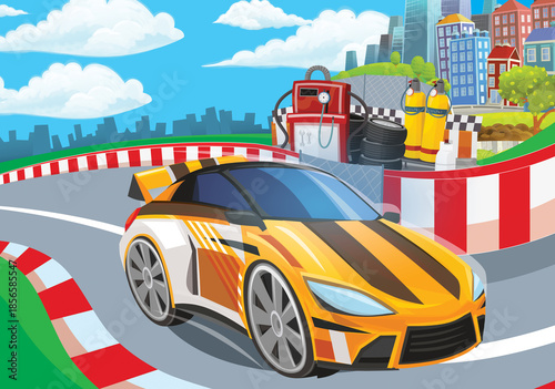 Cartoon scene with racing car on the track sports car near the city illustration for children