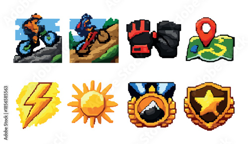 Pixel art mountain biking adventure icons with awards and map