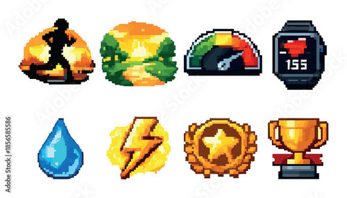 Pixel art sports icons: running, fitness tracker, nature, energy, hydration, trophy